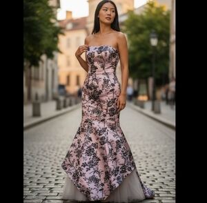 Tiffany Designs Strapless Pink and Black Floral Mermaid Gown
